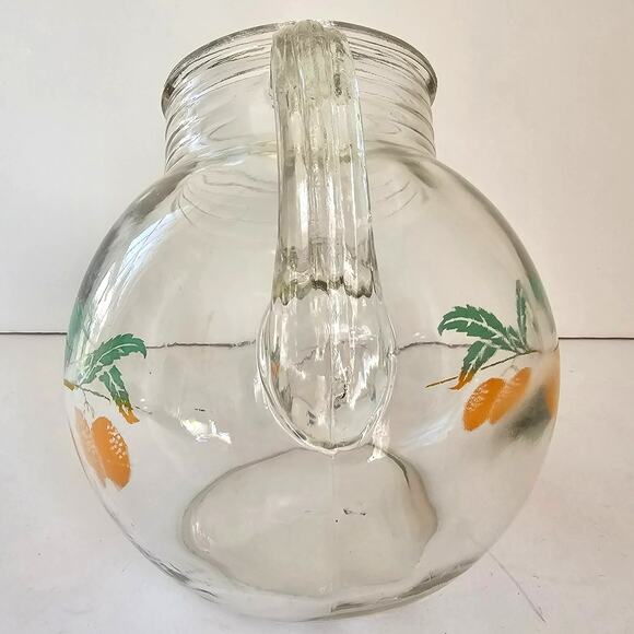 Vintage Anchor Hocking Juice Pitcher Tilt Ball Oranges Leaves '50's Mid Century - Picture 3 of 10